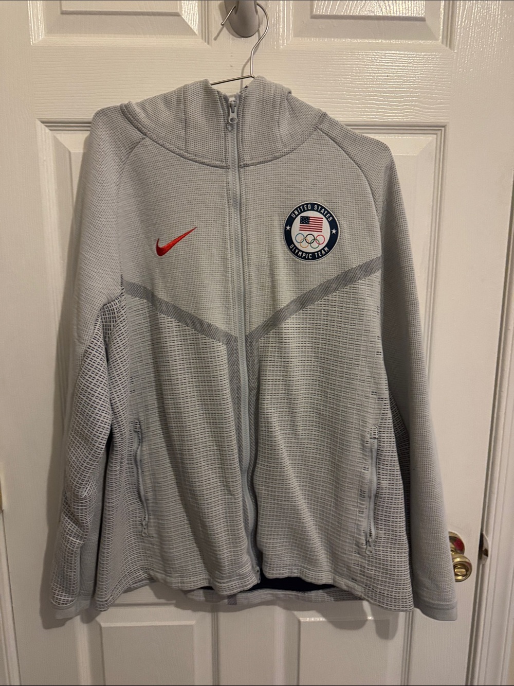 Nike Tech Light Gray USA Olympic Team Hooded Zip Jacket with Red Swoosh